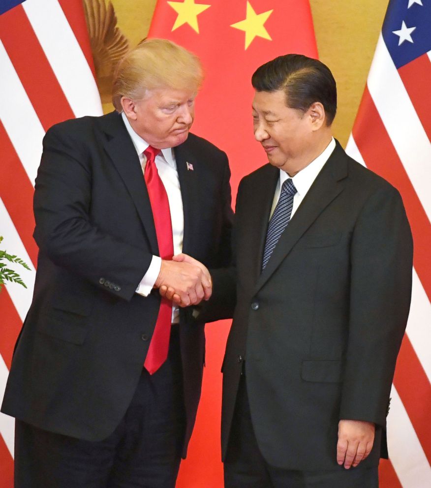 PHOTO: In this photo dated, Nov. 9, 2017, President Donald Trump and Chinese President Xi Jinping shake hands at a joint news conference held after their meeting in Beijing.