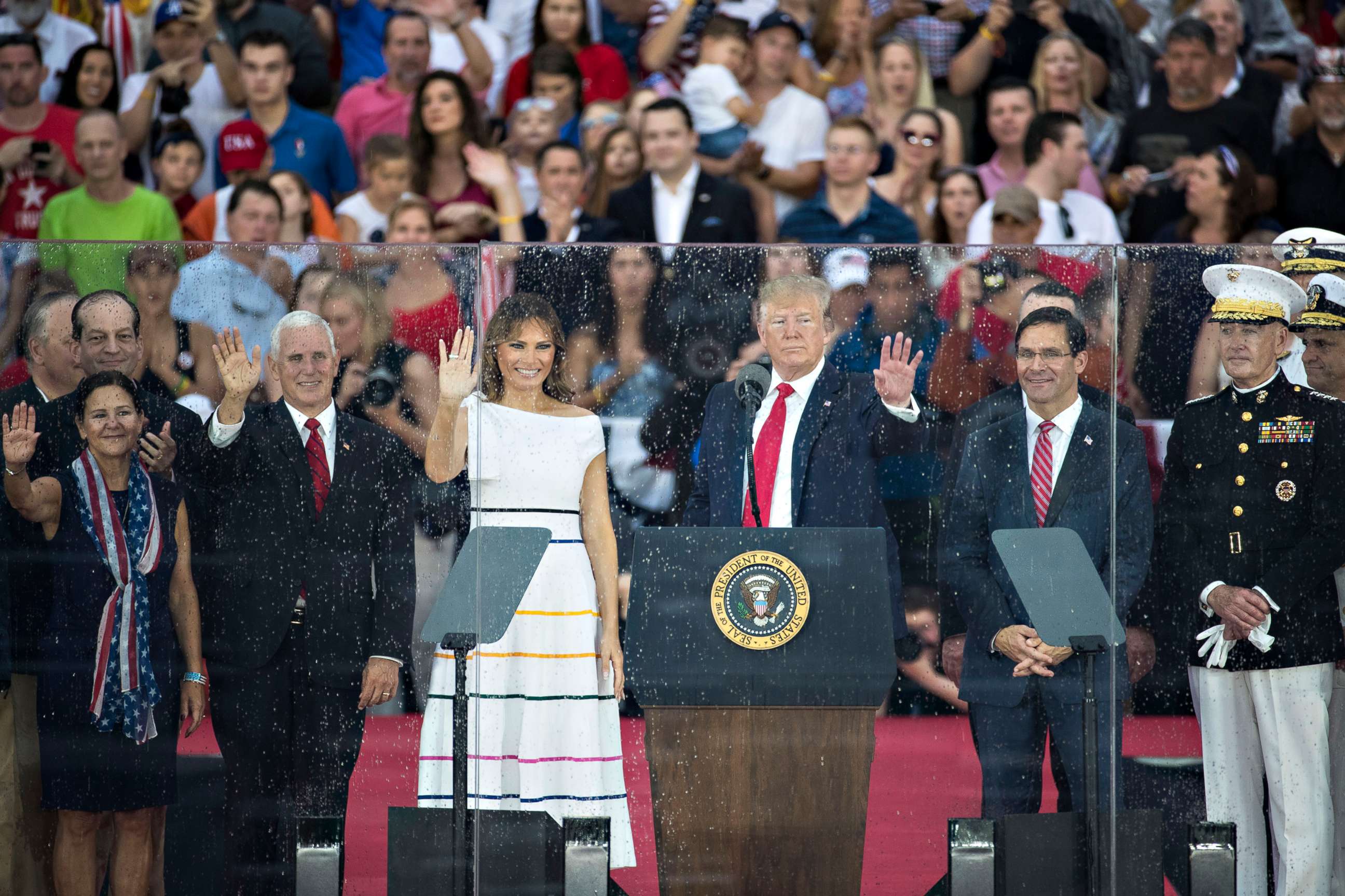 PHOTO: President Donald Trump, first lady Melania Trump, Vice President Mike Pence and second lady Karen Pence stand on stage after President Donald Trump spoke at in front of the Lincoln Memorial, July 4, 2019, in Washington.