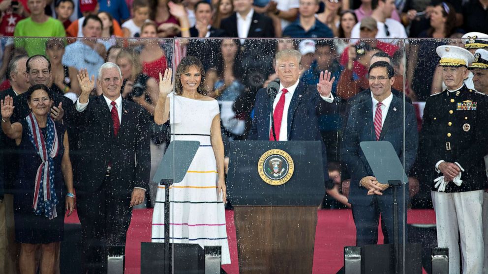 PHOTO: President Donald Trump, first lady Melania Trump, Vice President Mike Pence and second lady Karen Pence stand on stage after President Donald Trump spoke at in front of the Lincoln Memorial, July 4, 2019, in Washington.