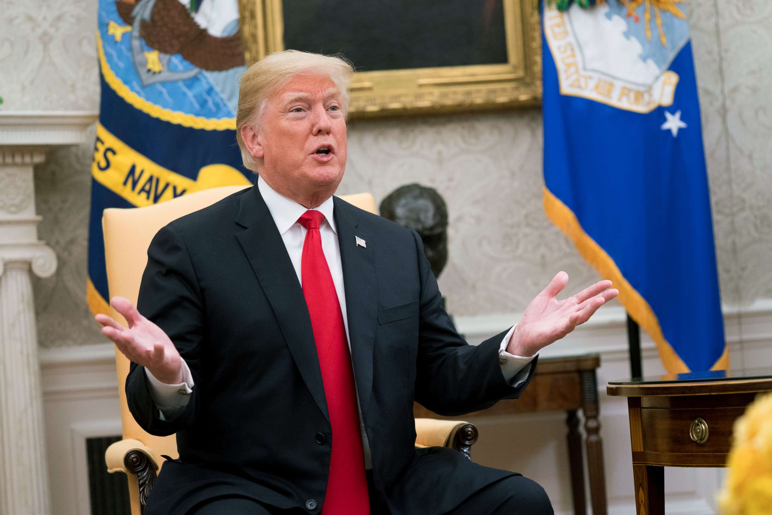 PHOTO: President Donald Trump speaks while meeting with Sebastian Pinera, Chile's president, not pictured, during a meeting in the Oval Office of the White House in Washington, Sept. 2018.