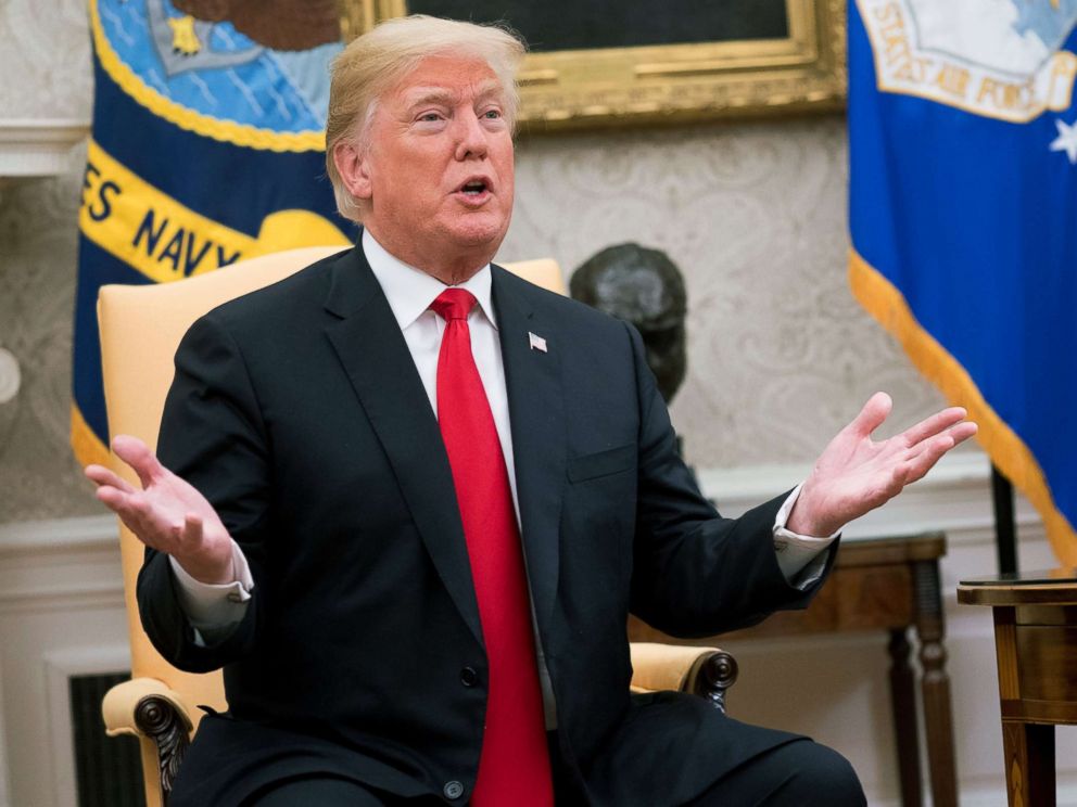 PHOTO: President Donald Trump speaks while meeting with Sebastian Pinera, Chiles president, not pictured, during a meeting in the Oval Office of the White House in Washington, Sept. 2018.