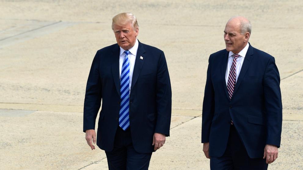 PHOTO: President Donald Trump and White House chief of staff John Kelly walk toward Air Force One at Andrews Air Force Base in Md., May 4, 2018.