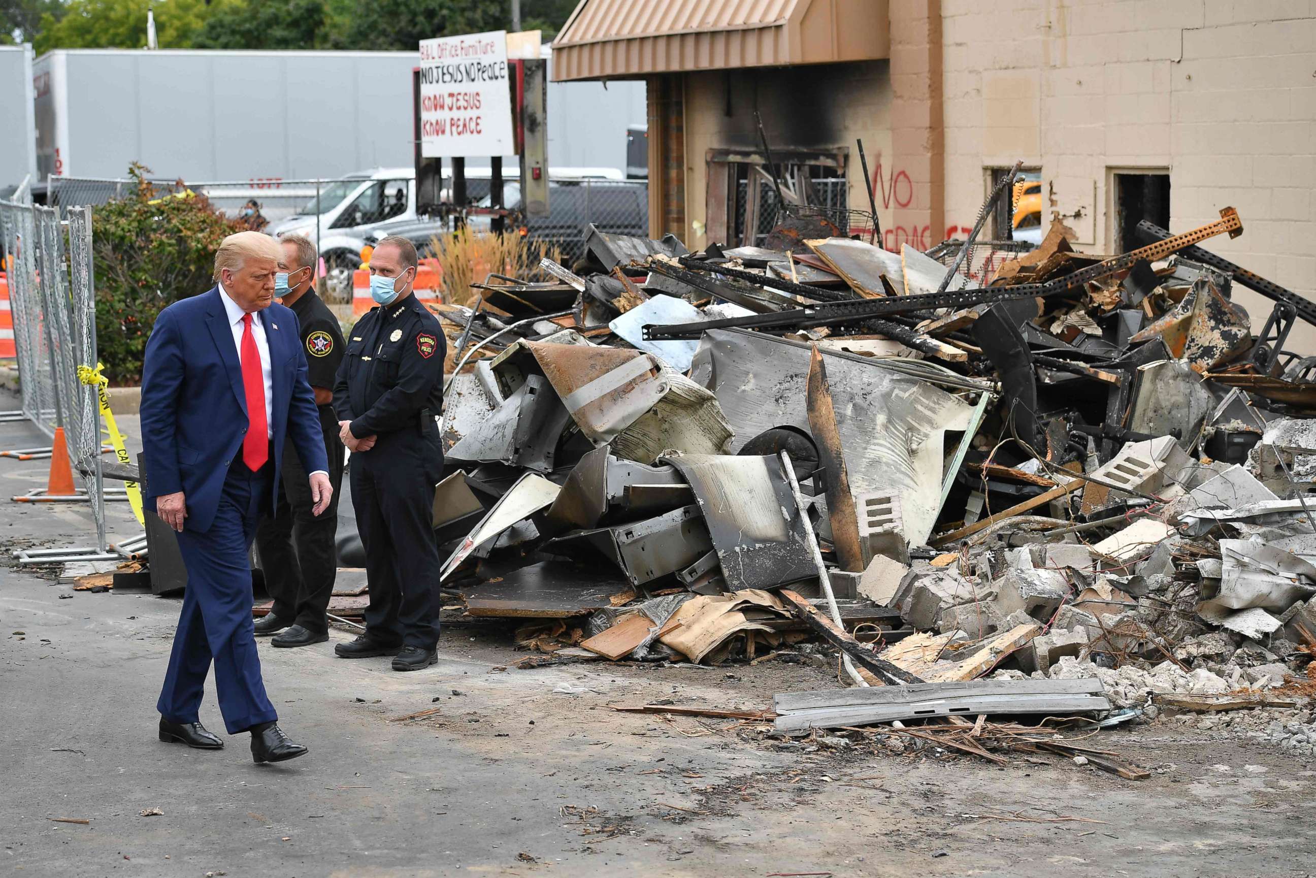 PHOTO: President Donald Trump tours an area affected by civil unrest in Kenosha, Wisconsin, Sept. 1, 2020.