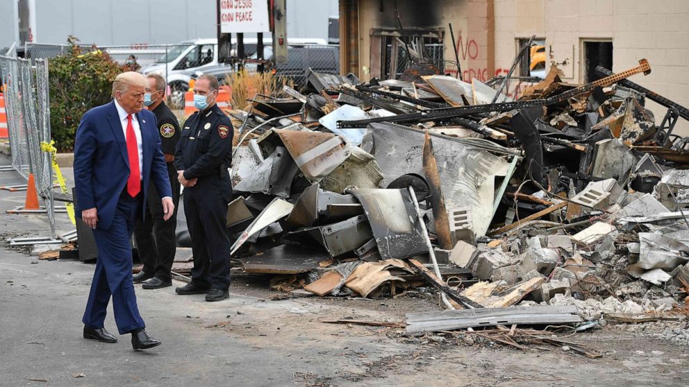 PHOTO: President Donald Trump tours an area affected by civil unrest in Kenosha, Wisconsin, Sept. 1, 2020.