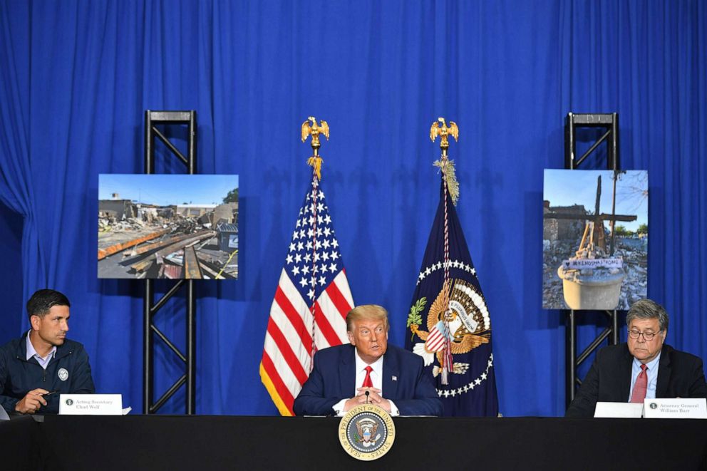 PHOTO: President Donald Trump speaks to officials during a roundtable discussion on community safety, at Mary D. Bradford High School in Kenosha, Wisc., Sept. 1, 2020.