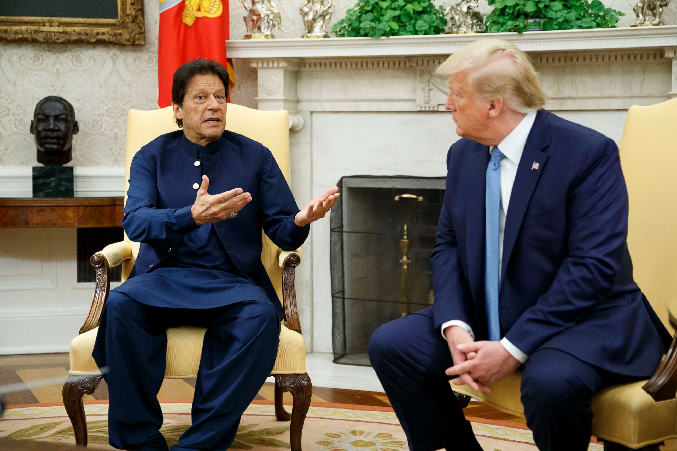 PHOTO: Pakistani Prime Minister Imran Khan speaks during a meeting with President Donald Trump in the Oval Office of the White House, July 22, 2019, in Washington.
