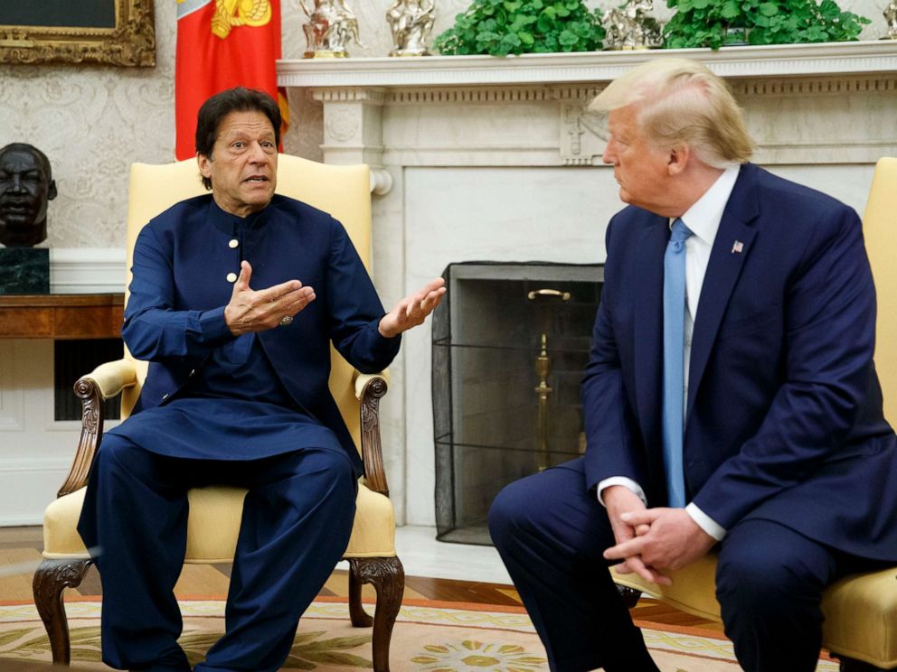 PHOTO: Pakistani Prime Minister Imran Khan speaks during a meeting with President Donald Trump in the Oval Office of the White House, July 22, 2019, in Washington.