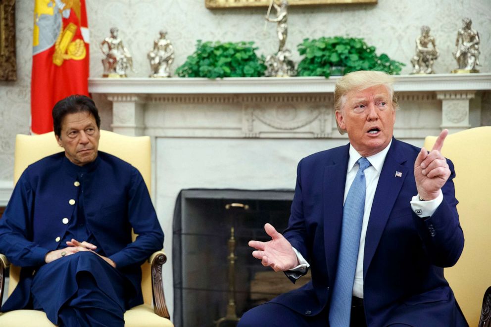 PHOTO: President Donald Trump speaks to the press during a meeting with Pakistani Prime Minister Imran Khan in the Oval Office of the White House, July 22, 2019.