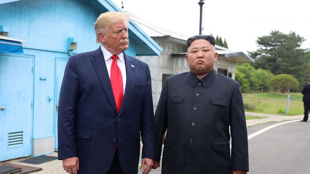 PHOTO: President Donald Trum and North Korean leader Kim Jong Un meet in the demilitarized zone (DMZ) separating the South and North Korea on June 30, 2019 in Panmunjom, South Korea.