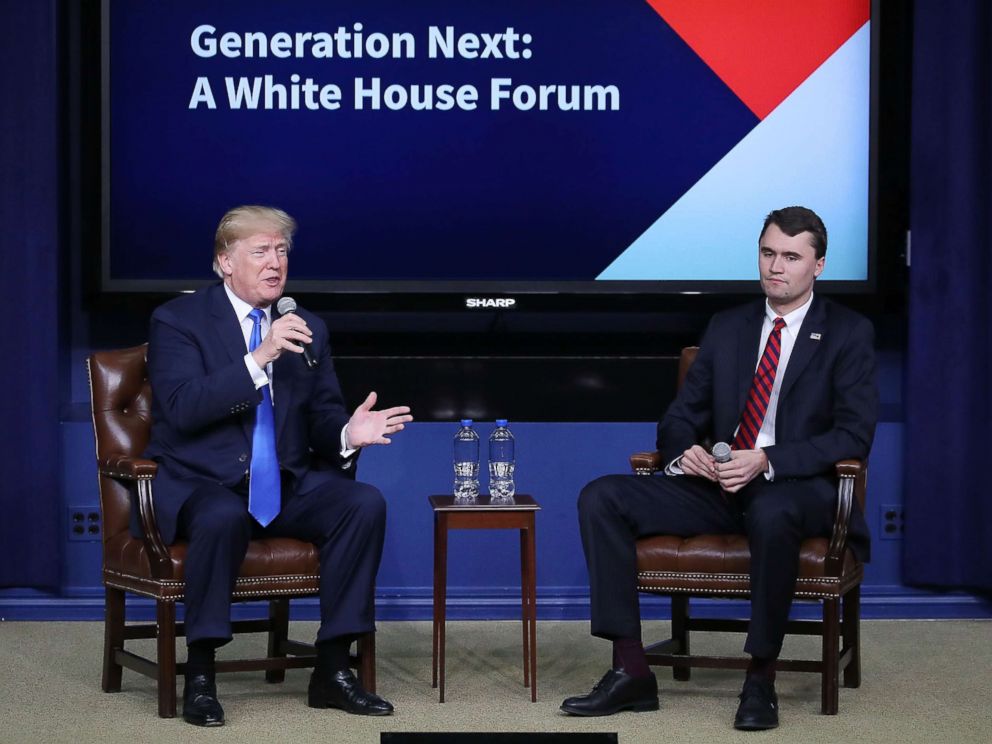 PHOTO: President Donald Trump (L) speaks with conservative activist Charlie Kirk at a forum dubbed the Generation Next Summit at the White House, March 22, 2018.