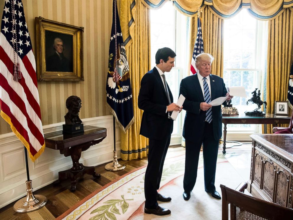 PHOTO: President Donald Trump speaks to White House Senior Adviser Jared Kushner, left, in the Oval Office in Washington, D.C., April 21, 2017.