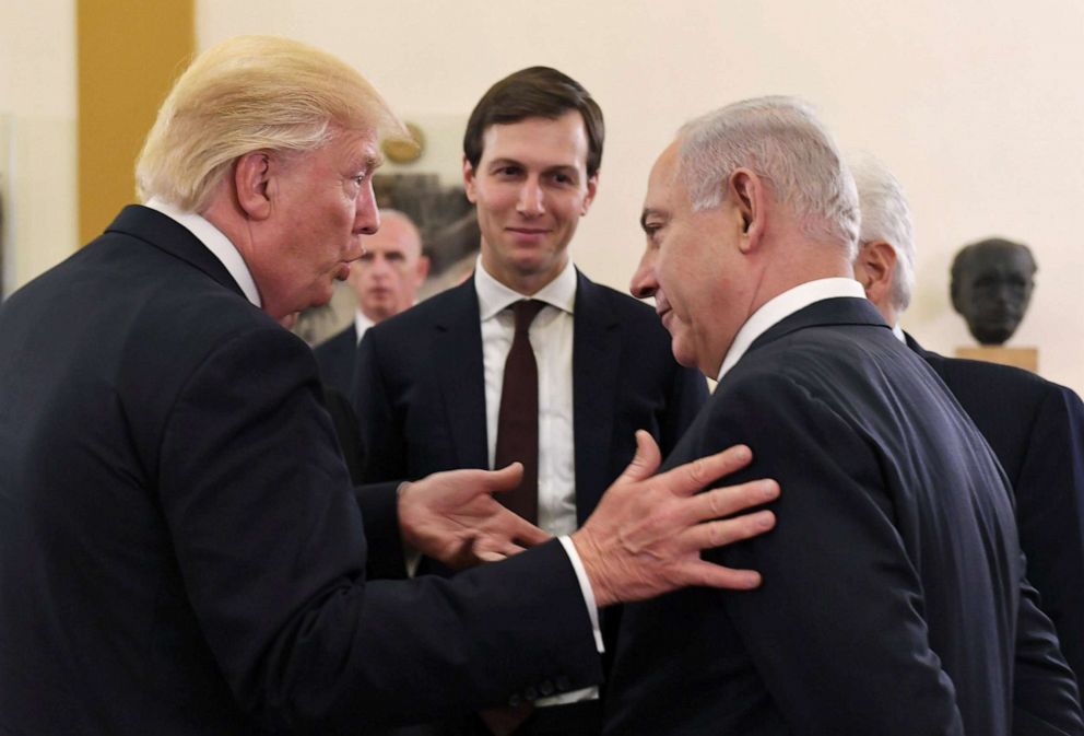 PHOTO: Israel's Prime Minister Benjamin Netanyahu and President Donald Trump chat as White House senior adviser Jared Kushner is seen in between them, during their meeting at the King David hotel in Jerusalem, May 22, 2017.
