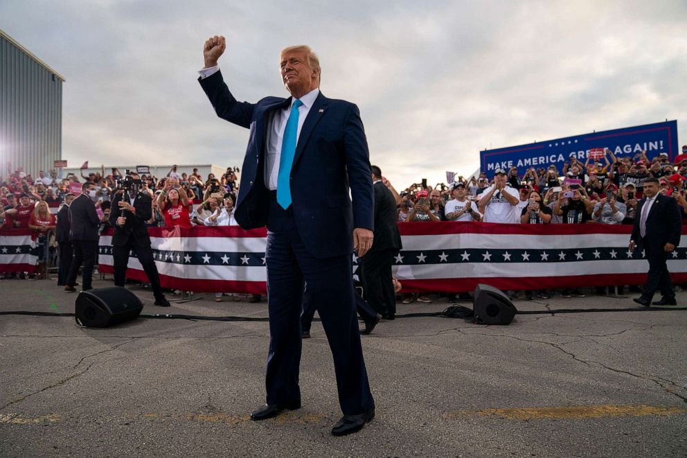 PHOTO: President Donald Trump arrives to speak during a campaign rally at Arnold Palmer Regional Airport, Thursday, Sept. 3, 2020, in Latrobe, Pa.