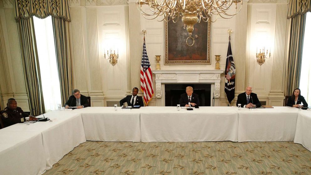 PHOTO: President Donald Trump speaks during a roundtable discussion with law enforcement officials, June 8, 2020, in the State Dining Room of the White House in Washington.