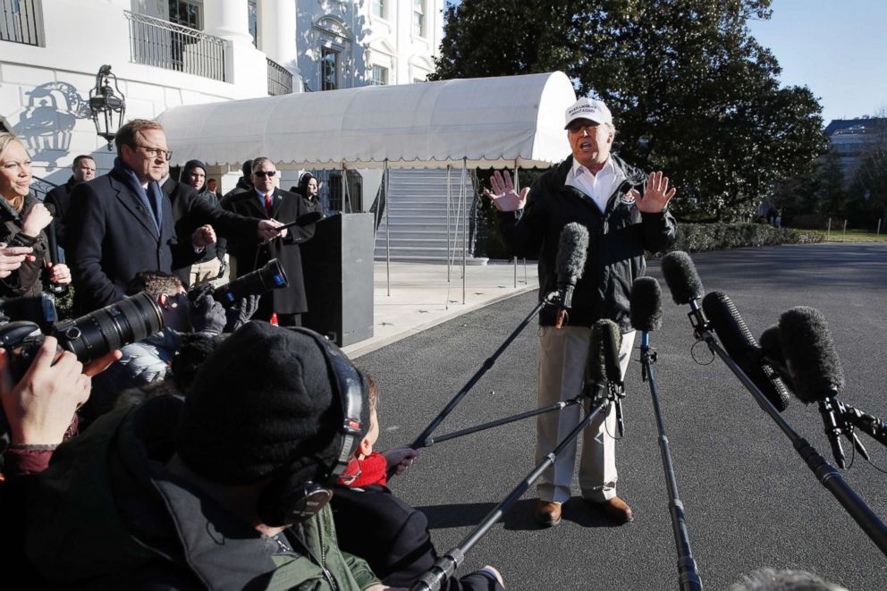 PHOTO: President Donald Trump speaks to the media as he leaves the White House, Jan. 10, 2019, en route for a trip to the border in Texas as the government shutdown continues.