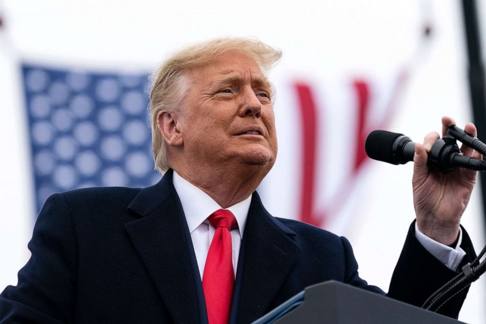 PHOTO: President Donald Trump arrives to speak at a campaign rally at Lancaster Airport, Oct. 26, 2020, in Lititz, Pa.