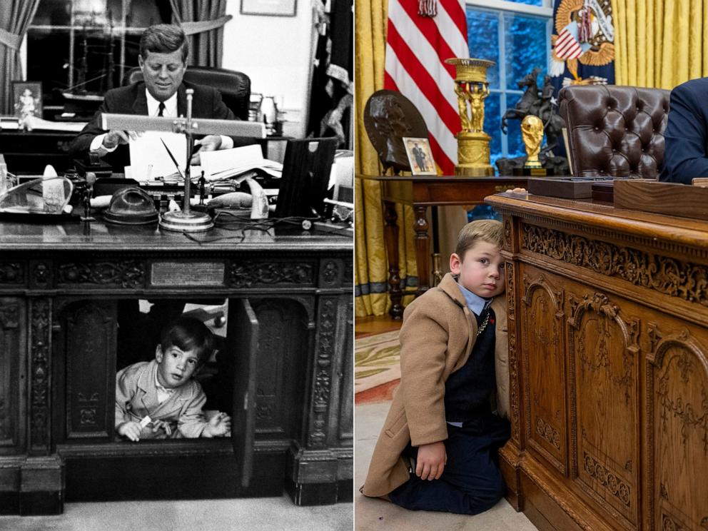 PHOTO: John F. Kennedy Jr. explores his father's desk in the Oval Office of the White House, on May 25, 1962, in Washington, D.C. | Elon Musk's son X Æ A-Xii leans on the Resolute desk in the Oval Office of the White House, Feb. 11, 2025