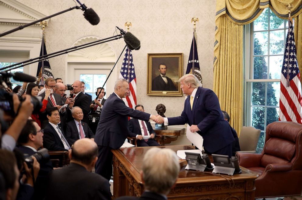 PHOTO: President Donald Trump shakes hands with Chinese Vice Premier Liu He in the Oval Office at the White House, Oct. 11, 2019, in Washington.