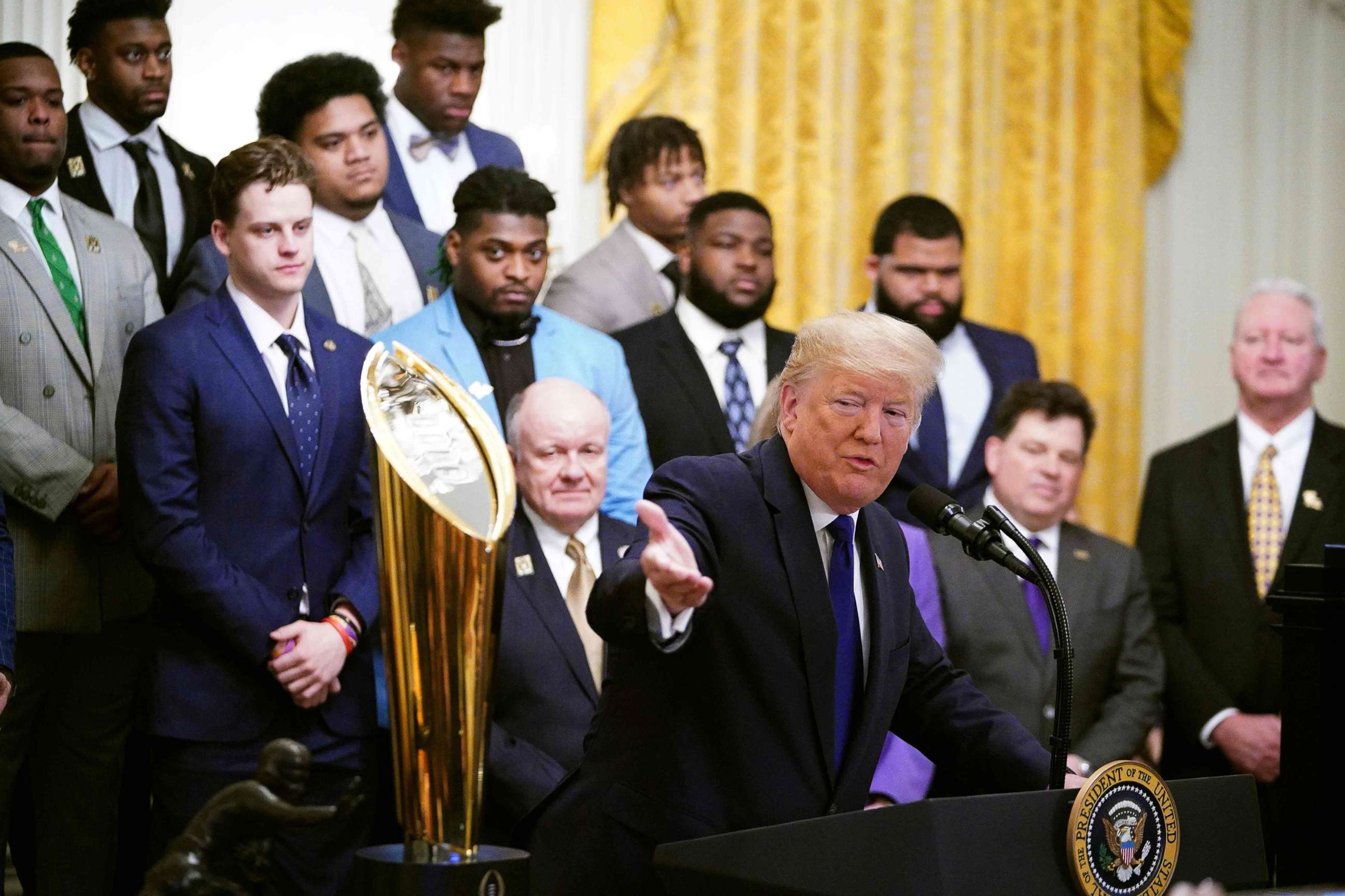 PHOTO: President Donald Trump takes part in an event honoring the 2019 College Football National Champions, the Louisiana State University Tigers, in the East Room of the White House in Washington, Jan. 17, 2020.