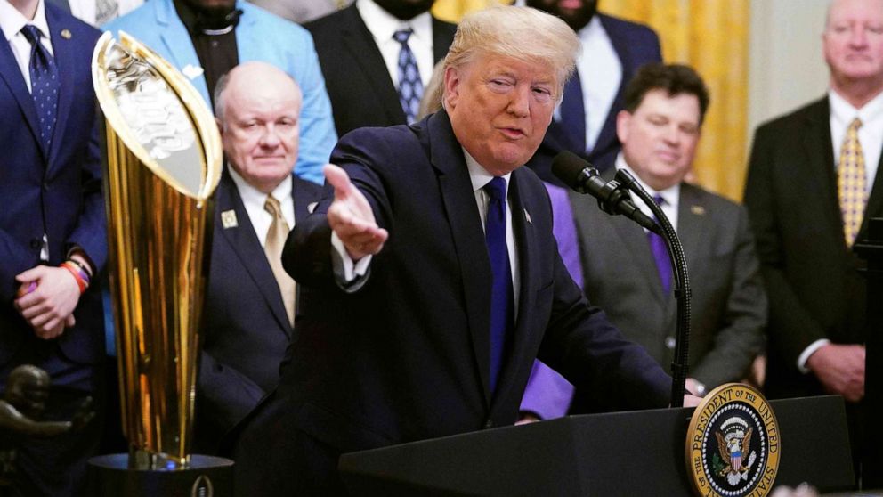 PHOTO: President Donald Trump takes part in an event honoring the 2019 College Football National Champions, the Louisiana State University Tigers, in the East Room of the White House in Washington, Jan. 17, 2020.
