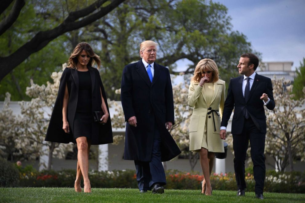 PHOTO: President Donald Trump and First Lady Melania Trump walk outside the White House with French President Emmanuel Macron and his wife, Brigitte Macron, April 23, 2018.