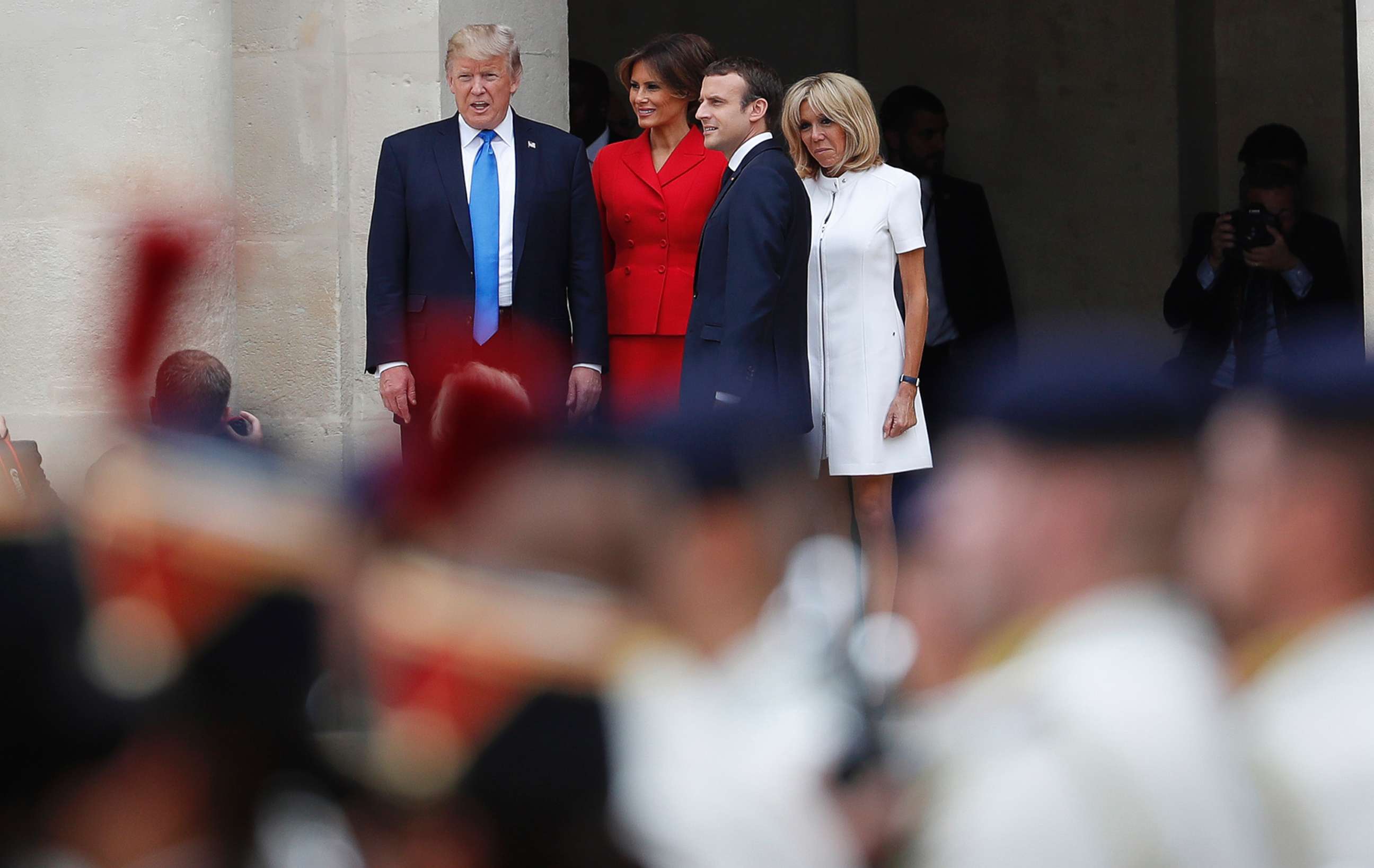 PHOTO: President Donald Trump, his wife Melania attend a welcoming ceremony in Paris with French President Emmanuel Macron and his wife Brigitte, July 13, 2017. 