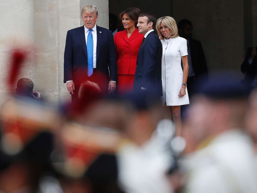 PHOTO: President Donald Trump, his wife Melania attend a welcoming ceremony in Paris with French President Emmanuel Macron and his wife Brigitte, July 13, 2017.