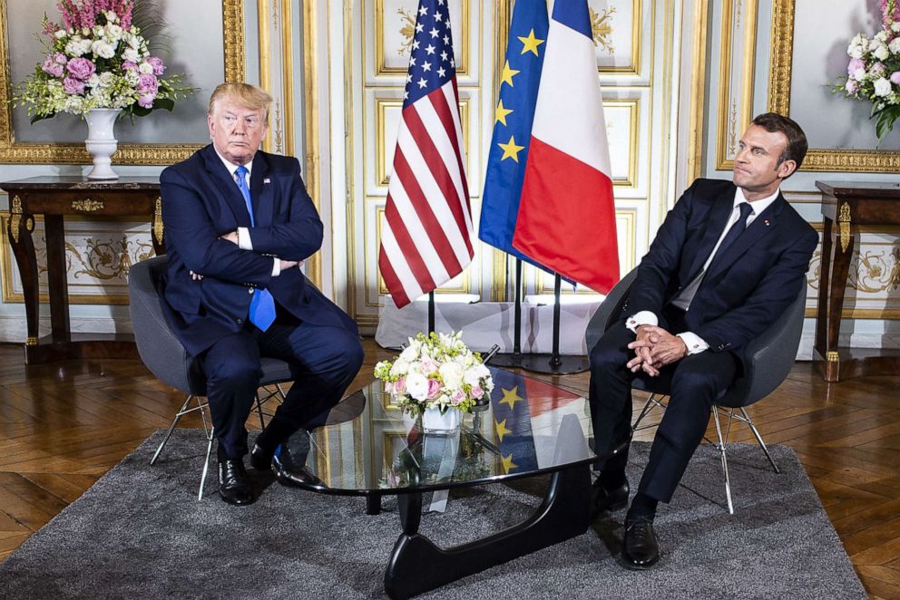 PHOTO: In this June 6, 2019, file photo,  President Donald Trump meets with French President Emmanuel Macron at the Prefecture of Caen, Normandy, northwestern France.