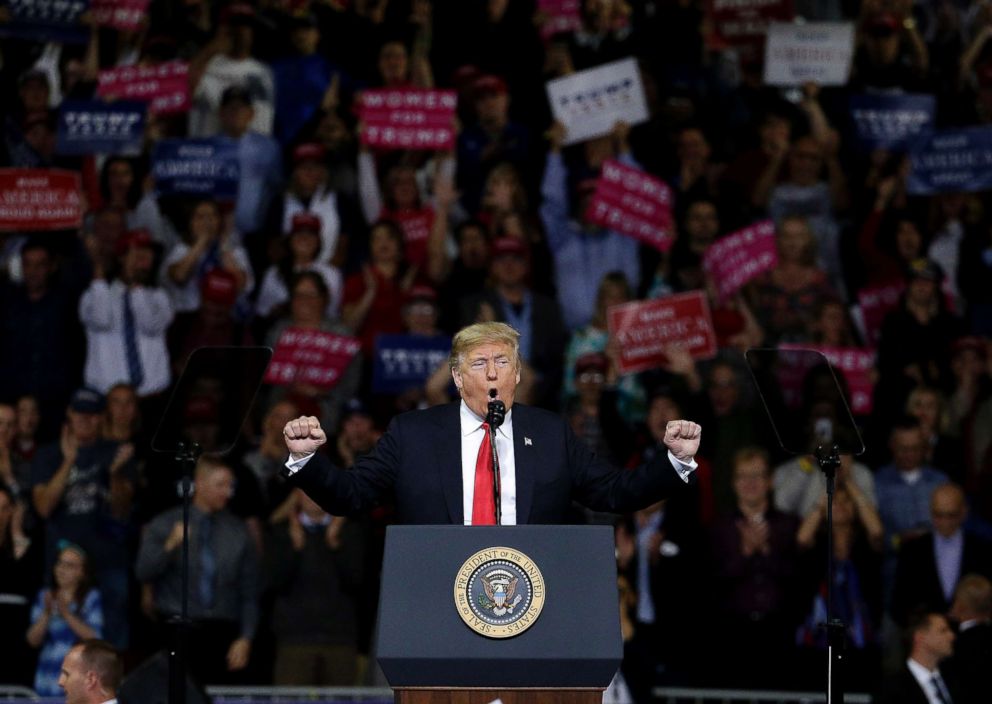 PHOTO: President Donald Trump addresses the crowd during a campaign rally, Oct. 6, 2018, in Topeka, Kan. 