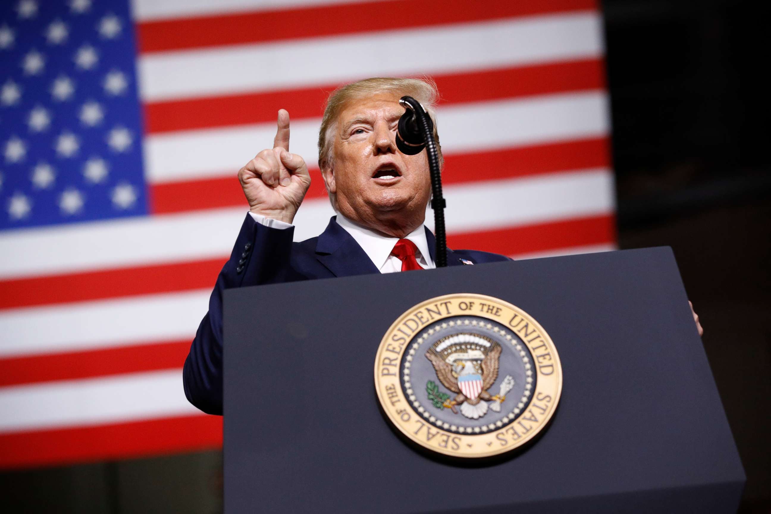 PHOTO: President Donald Trump speaks at a campaign rally, Aug. 15, 2019, in Manchester, N.H.