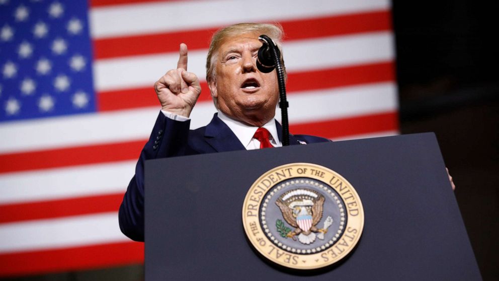 PHOTO: President Donald Trump speaks at a campaign rally, Aug. 15, 2019, in Manchester, N.H.