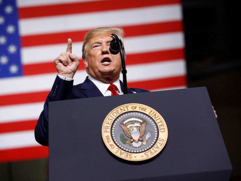 PHOTO: President Donald Trump speaks at a campaign rally, Aug. 15, 2019, in Manchester, N.H.