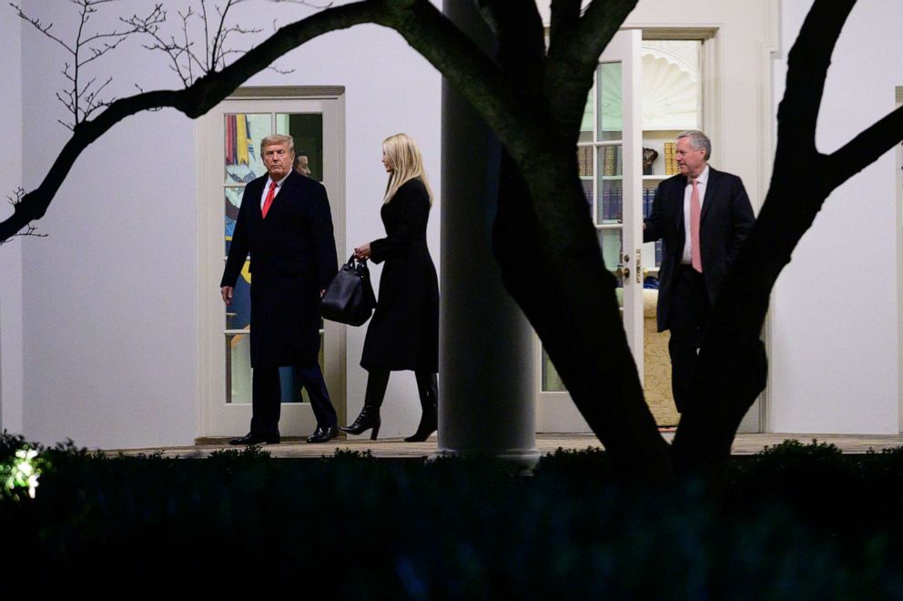 PHOTO: President Donald Trump, Ivanka Trump, and Mark Meadows, White House chief of staff, depart the White House before boarding Marine One in Washington, D.C., Jan. 4, 2021.