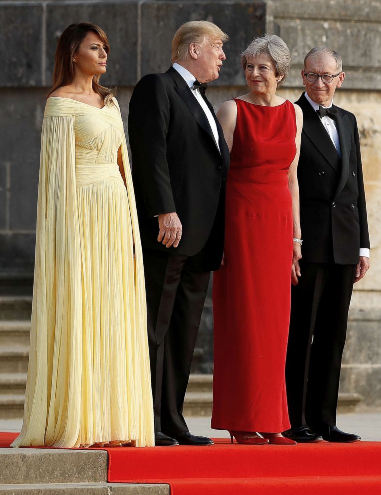 PHOTO: British Prime Minister Theresa May and her husband Philip stand with President Donald Trump and first lady Melania Trump at the entrance to Blenheim Palace, where they are attending a dinner, near Oxford, Britain, July 12, 2018.