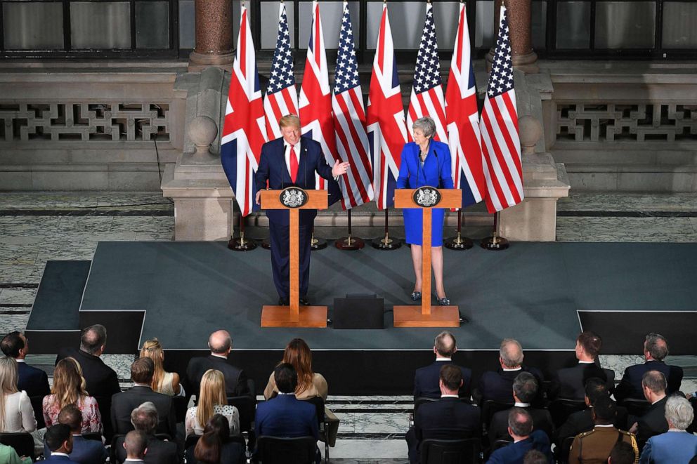 PHOTO: President Donald Trump and Britain's Prime Minister Theresa May give a joint press conference at the Foreign and Commonwealth office in London, June 4, 2019.