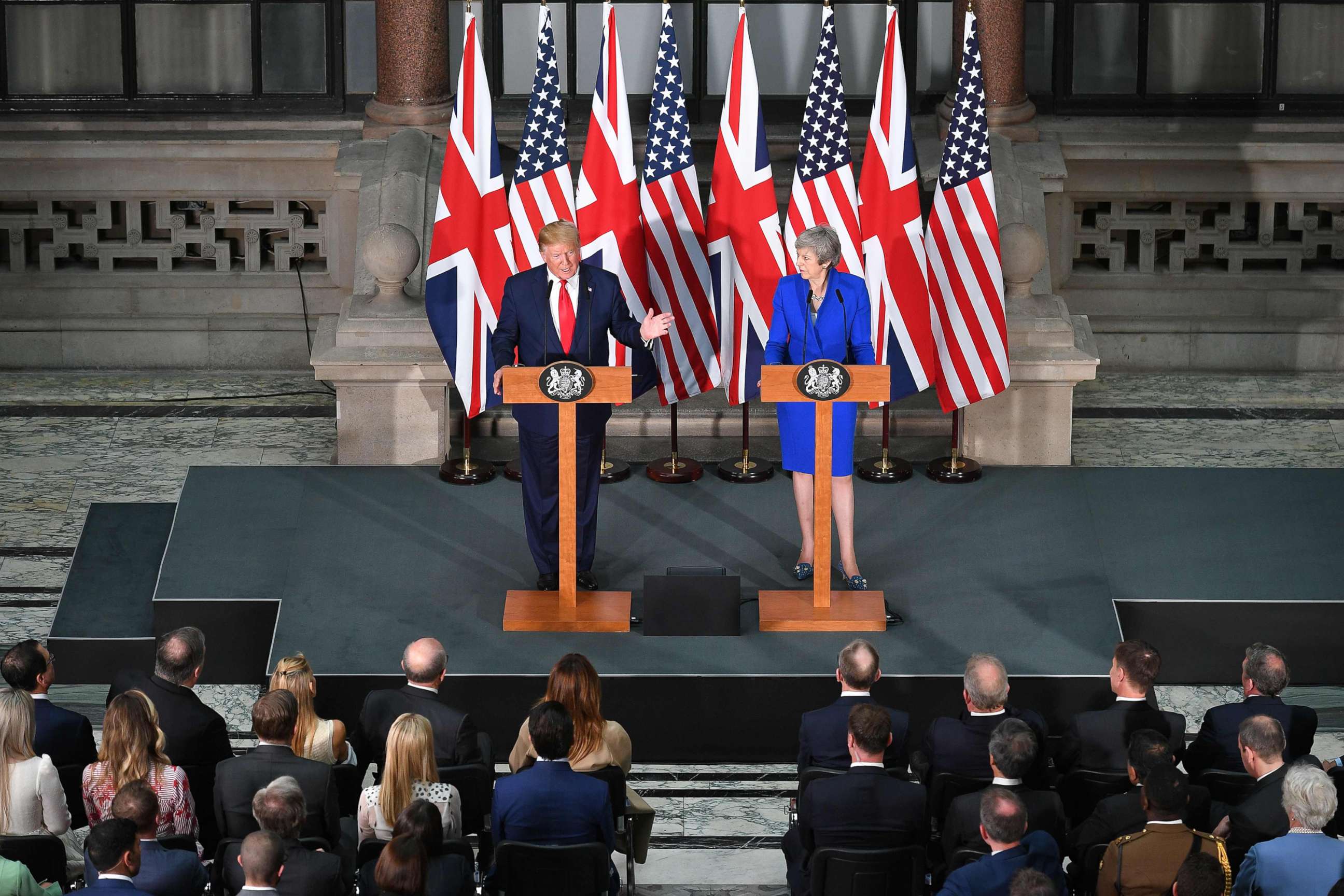 PHOTO: President Donald Trump and Britain's Prime Minister Theresa May give a joint press conference at the Foreign and Commonwealth office in London, June 4, 2019.