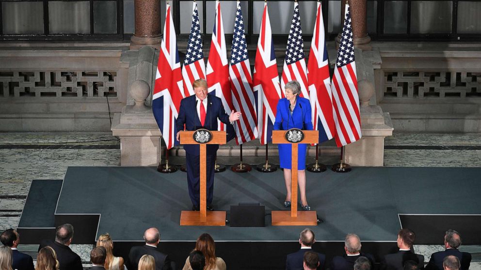 PHOTO: President Donald Trump and Britain's Prime Minister Theresa May give a joint press conference at the Foreign and Commonwealth office in London, June 4, 2019.