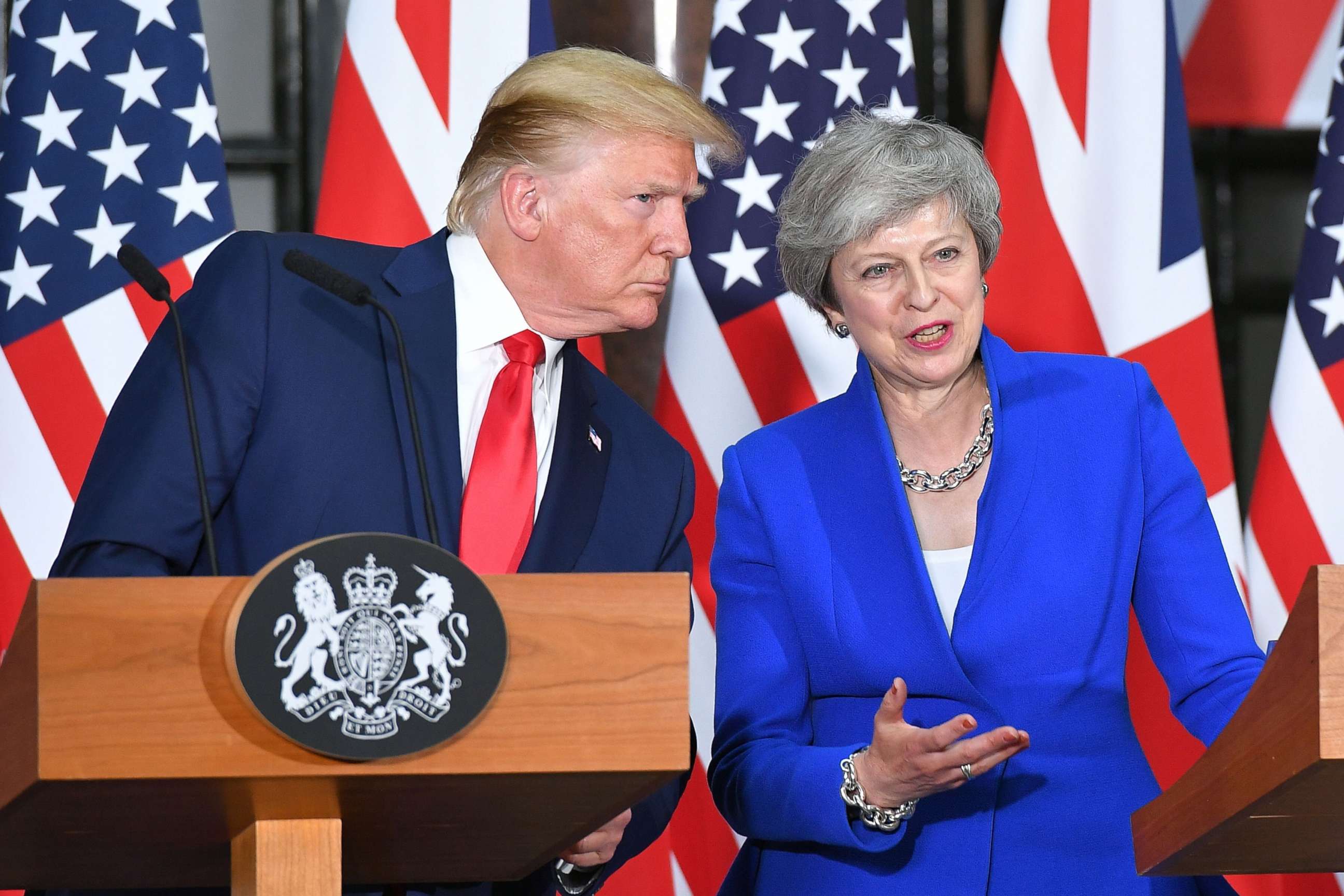 PHOTO: President Donald Trump and Britain's Prime Minister Theresa May give a joint press conference at the Foreign and Commonwealth office in London, June 4, 2019.