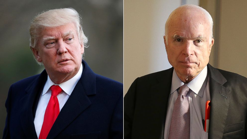 President Donald Trump, left, walks from Marine One upon his return to the White House in Washington, March 19, 2017. Sen. John McCain walks outside of his office in the Russell Senate Office Building, Sept. 5, 2017, in Washington, D.C.