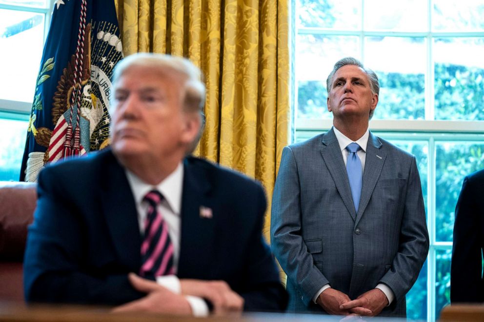 PHOTO:  House Minority Leader Rep. Kevin McCarthy and President Donald Trump attend a signing ceremony for the Paycheck Protection Program and Health Care Enhancement Act, in the Oval Office of the White House on April 24, 2020 in Washington, D.C.