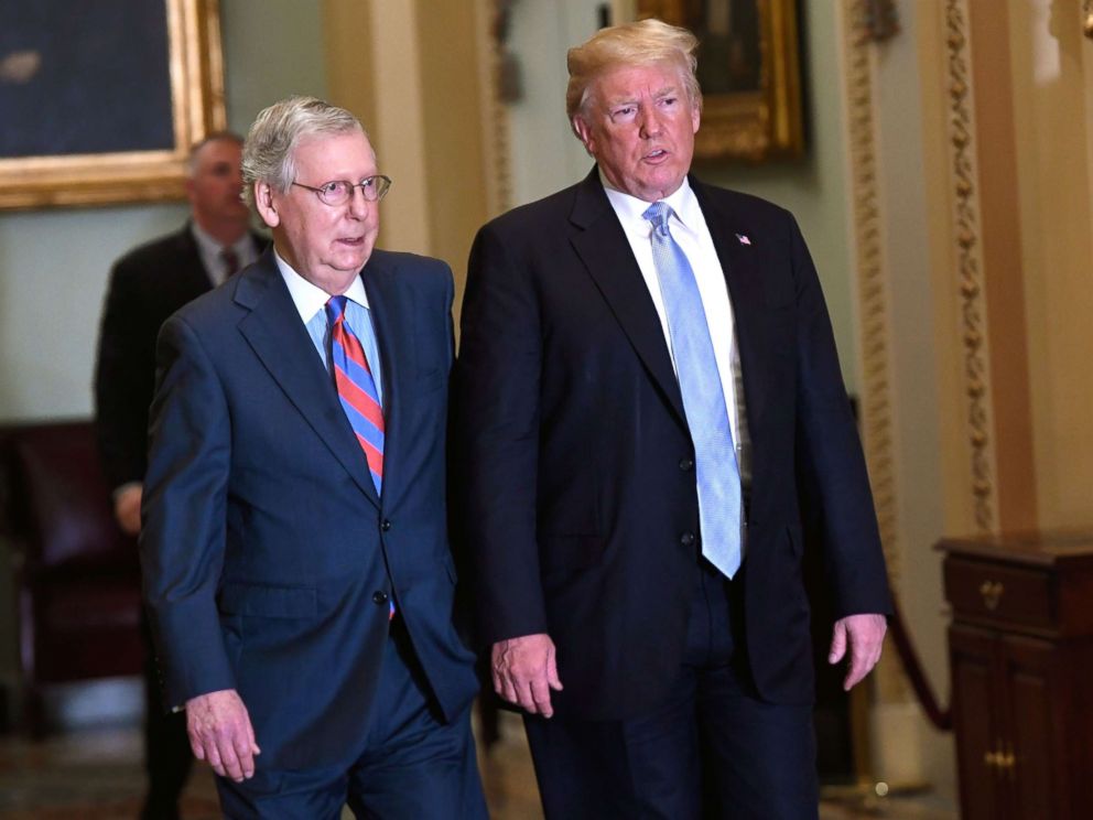 PHOTO: President Donald Trump and Senate Majority Leader Mitch McConnell make their way to a Senate Republican policy lunch at the U.S. Capitol in Washington on May 15, 2018.