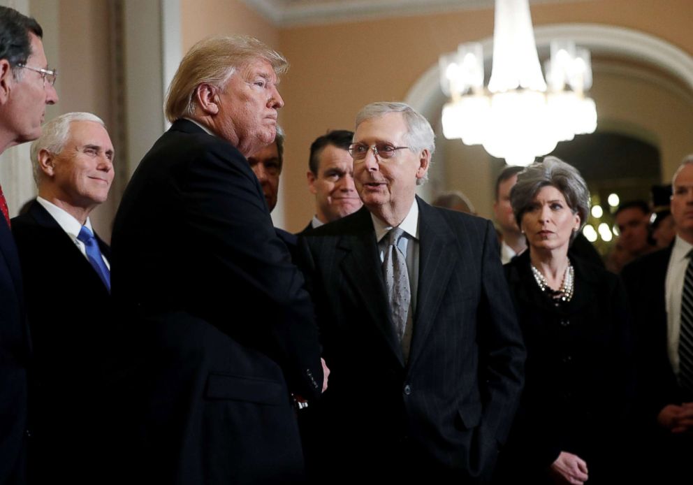 PHOTO: President Donald Trump shakes hands with Senate Majority Leader Mitch McConnell as the president departs after addressing a closed Senate Republican policy lunch on Capitol Hill in Washington, Jan. 9, 2019.