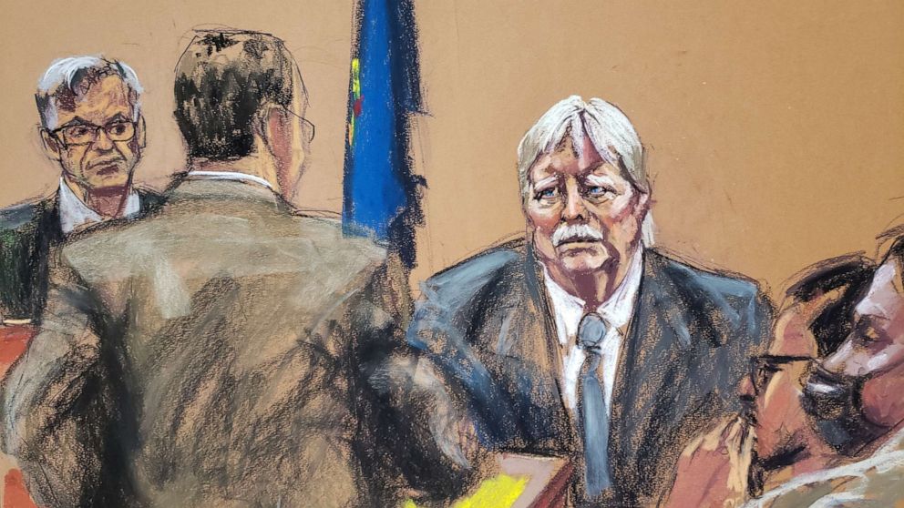 PHOTO: Witness Jeff McConney is questioned by Joshua Adam Steinglass as he testifies during the Trump Organization's criminal tax trial in Manhattan Criminal Court, New York City, Oct. 31, 2022, in this courtroom sketch.
