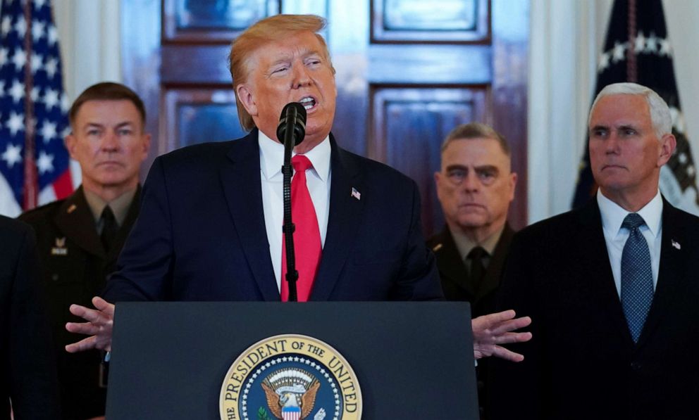PHOTO: U.S. President Donald Trump delivers a statement about Iran flanked by U.S. Army Chief of Staff General James McConville, Chairman of the Joint Chiefs of Staff Army General Mark Milley and Vice President Mike Pence in Washington DC, Jan. 8, 2020.