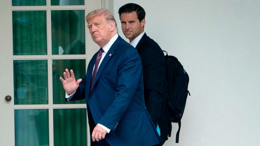 PHOTO: President Donald Trump walks with John McEntee, Director of the White House Presidential Personnel Office, to the Oval Office, Sept. 11, 2020.