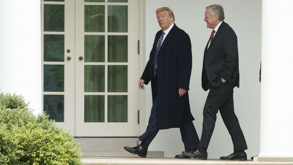 PHOTO: President Donald Trump and Mark Meadows, White House chief of staff, walk to the Oval Office following wreath laying ceremony, May 8, 2020. 