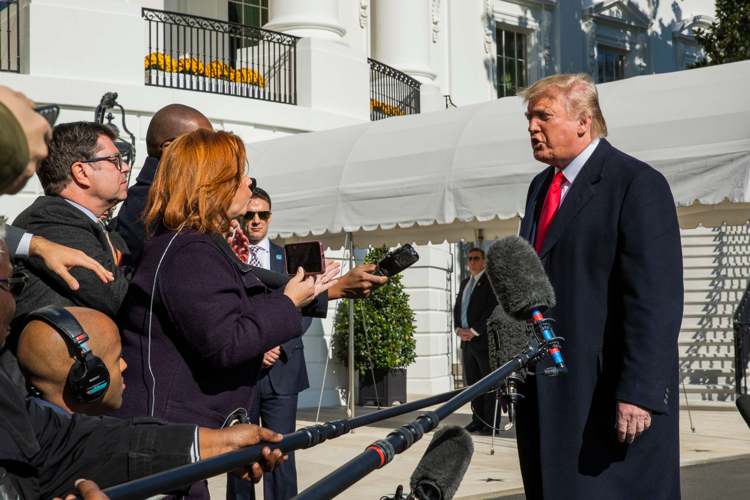 PHOTO: President Donald Trump speaks to reporters upon arrival at the White House in Washington, Sunday, Nov. 3, 2019.