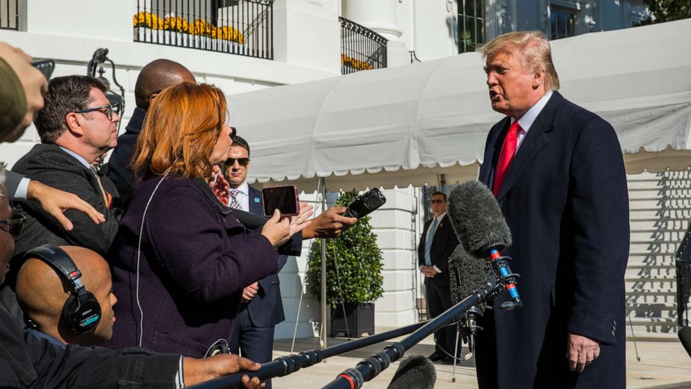 PHOTO: President Donald Trump speaks to reporters upon arrival at the White House in Washington, Sunday, Nov. 3, 2019.