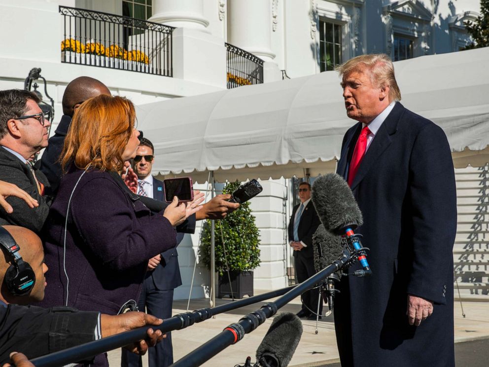 PHOTO: President Donald Trump speaks to reporters upon arrival at the White House in Washington, Sunday, Nov. 3, 2019.