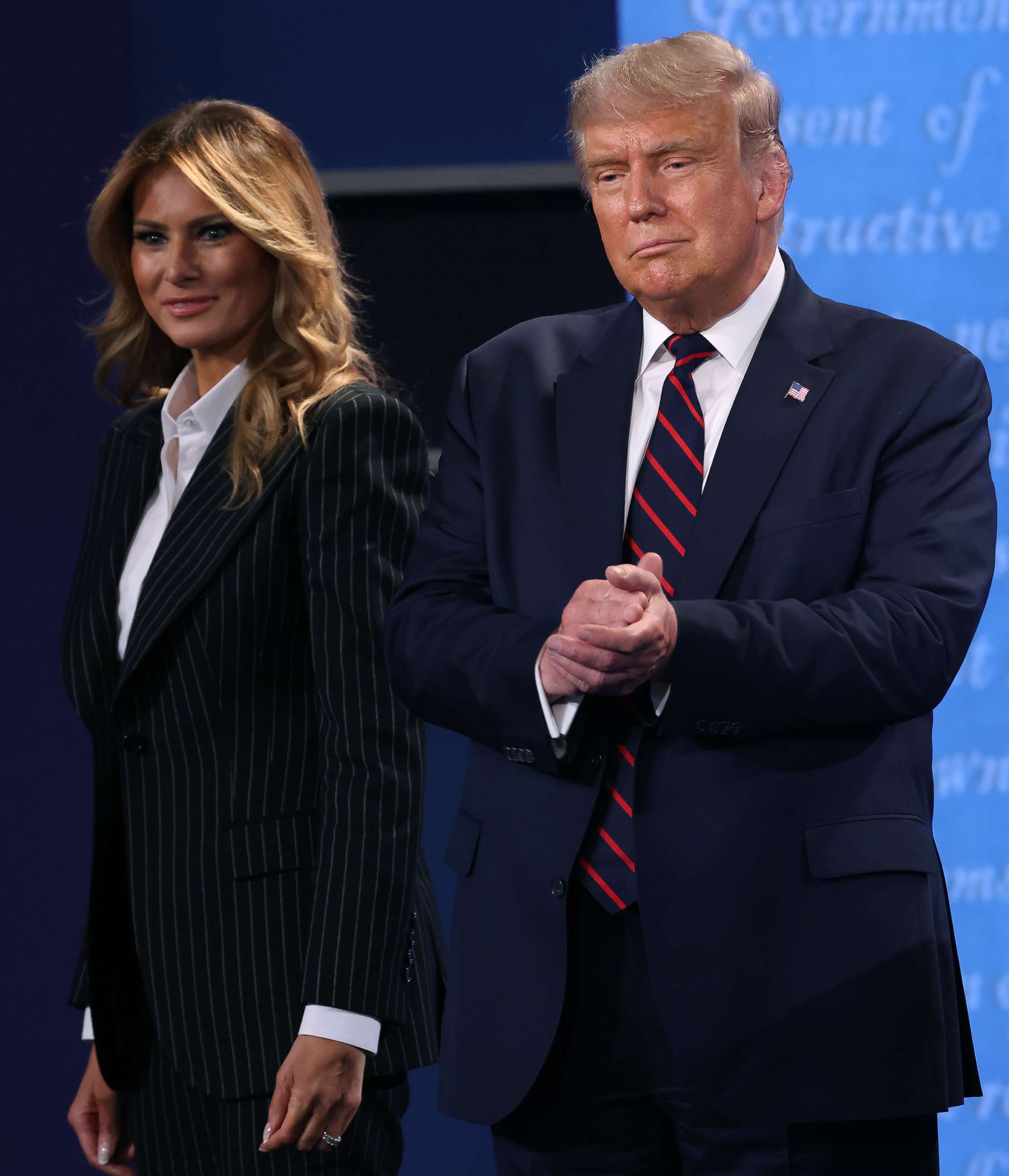 PHOTO: President Donald Trump and first lady Melania Trump on stage after the first presidential debate between Trump and Democratic presidential nominee Joe Biden, Sept. 29, 2020, in Cleveland.